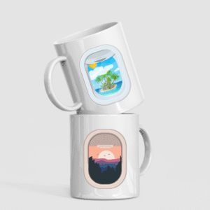 airplane window seat view travel mug – tropical beach & mountain sunset
