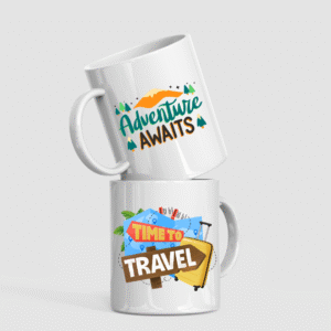"adventure awaits" colorful travel themed ceramic coffee mug